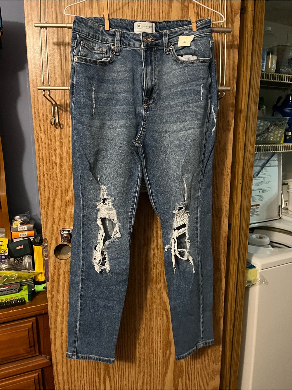 High-Rise Distressed Straight Leg Jeans - Dark Blue